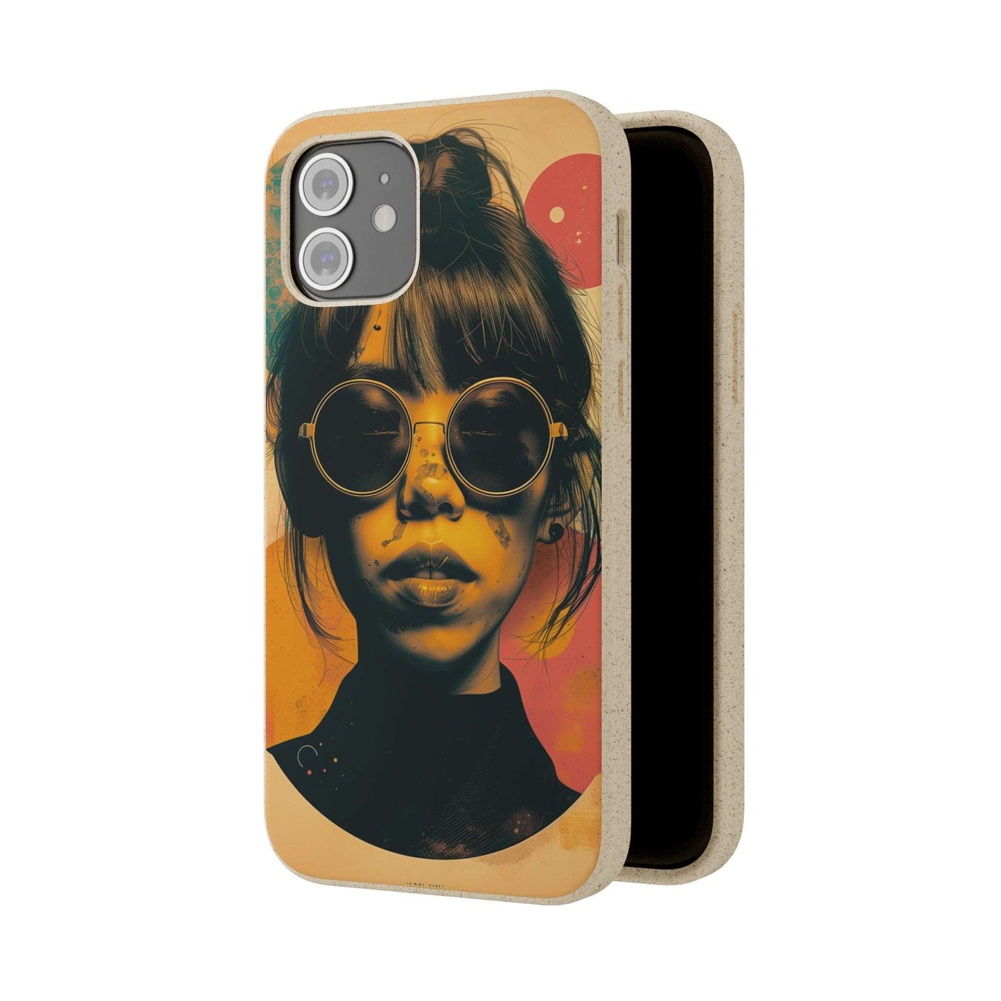 Tokyo-themed phone case featuring a retro portrait with neon colors, made from biodegradable materials, compatible with iPhone and Samsung.