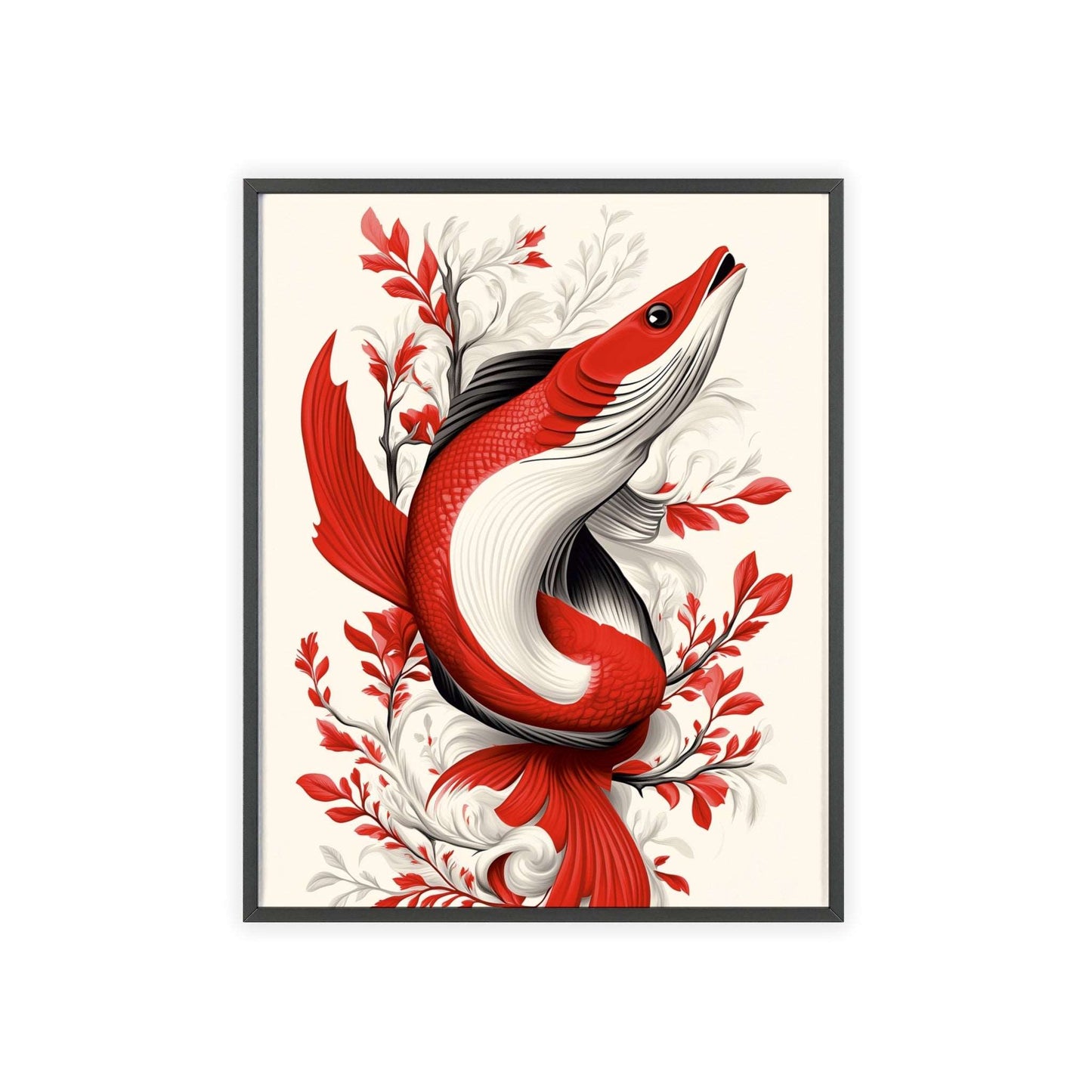 Framed poster of a stylized pike surrounded by vibrant red flowers