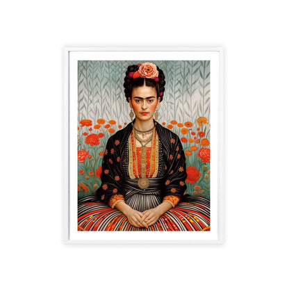 Minimalist poster featuring Frida Kahlo sitting in a field of flowers.  The poster is black and white, with a focus on Frida's powerful gaze and unibrow.  The poster is framed.