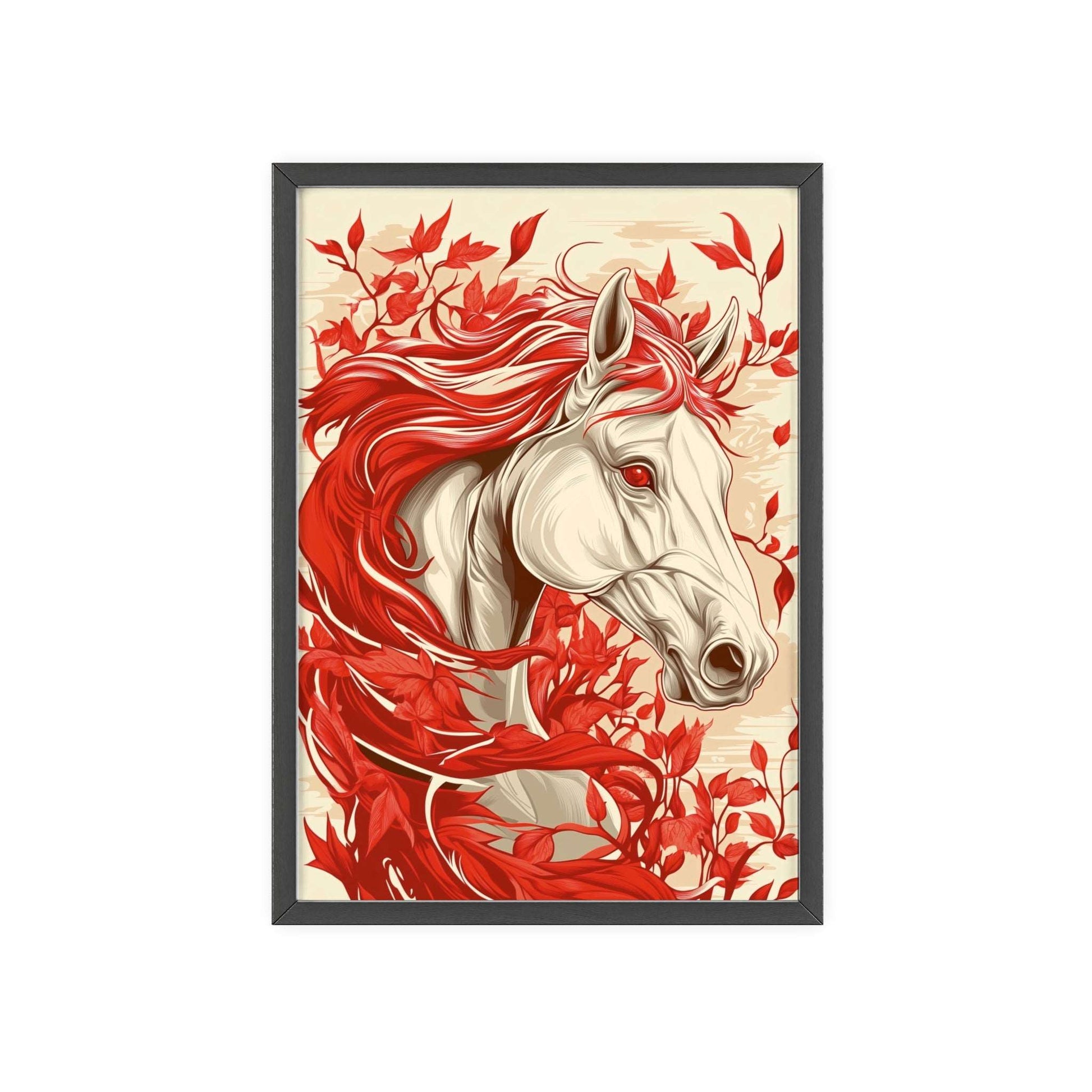 Framed poster featuring a stylized horse amidst red flowers