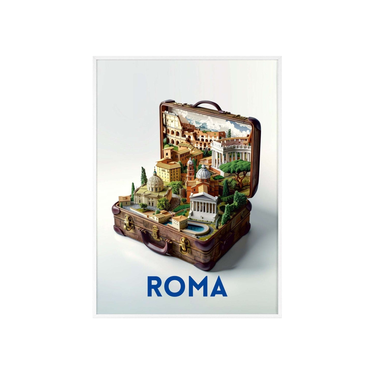 Beautiful Rome in a Suitcase travel poster featuring iconic landmarks, inspiring wanderlust and a love for timeless travel