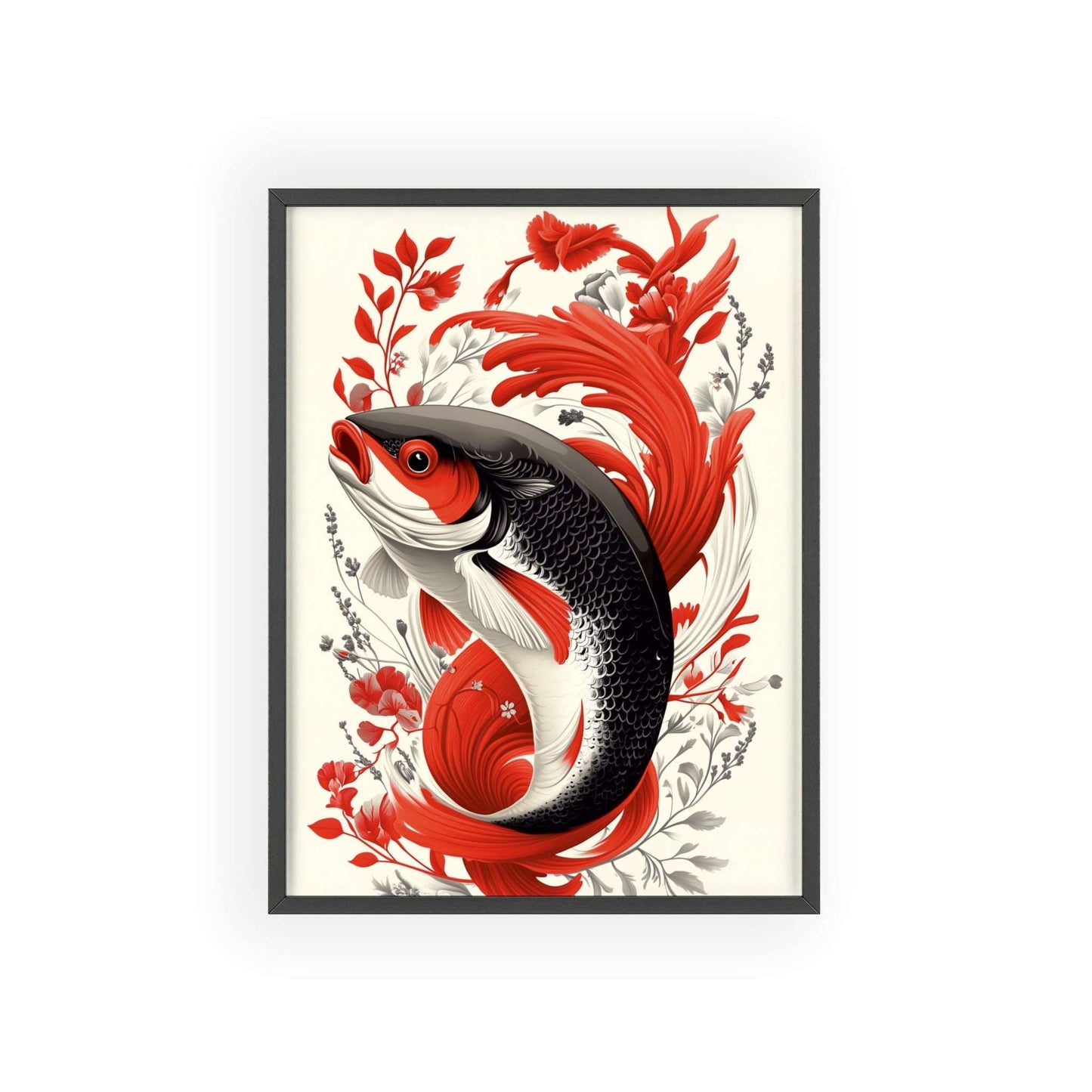 Framed poster of a stylized salmon surrounded by vibrant red flowers.