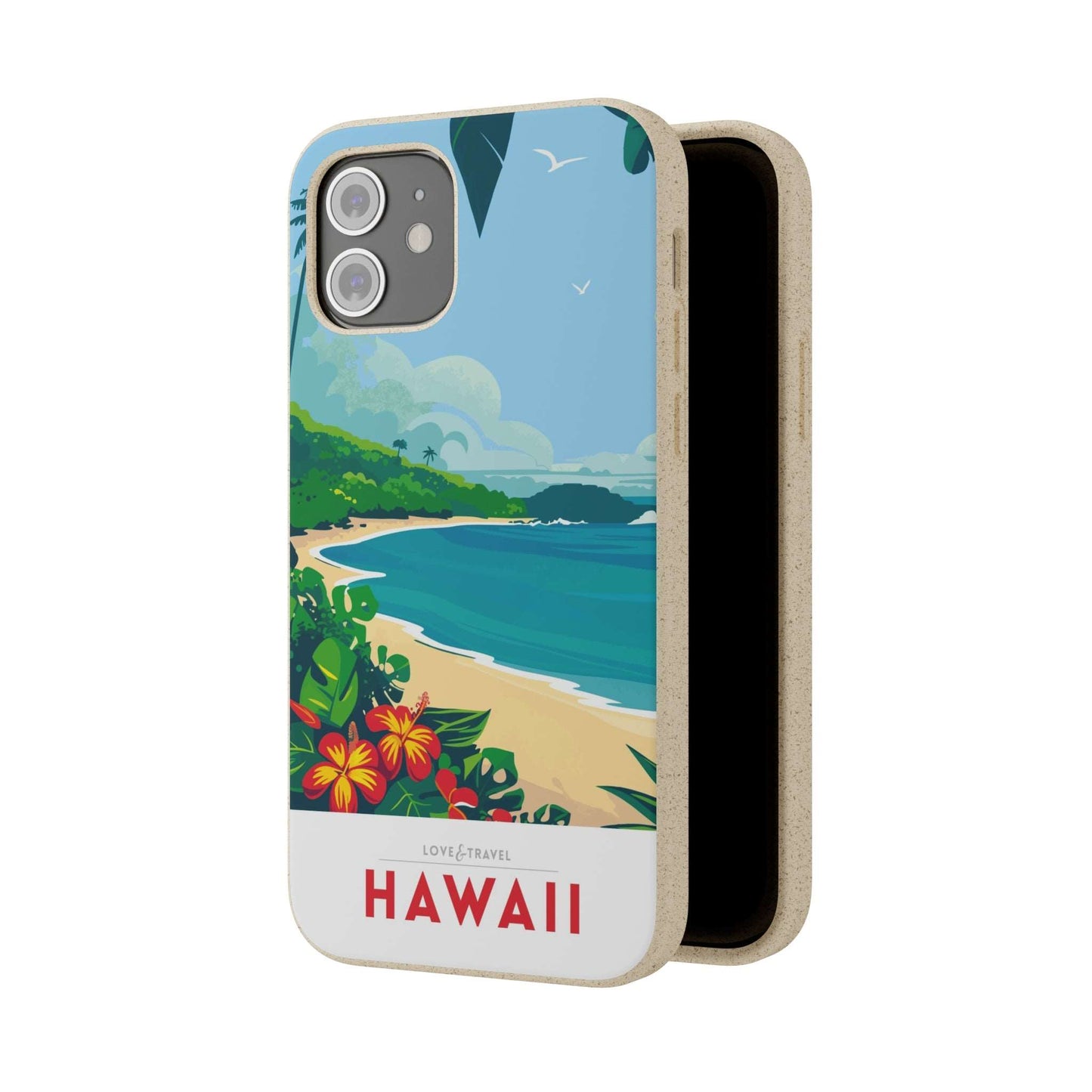 Vibrant biodegradable phone case featuring a colorful Hawaii-inspired travel poster design.