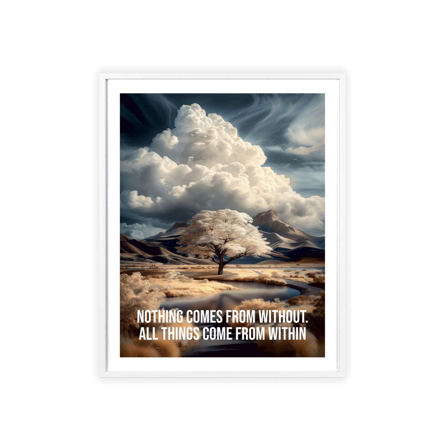 Surreal minimalist art print featuring a lone tree in a floodplain with mountain backdrop, and Neville Goddard quote "All things come from within"