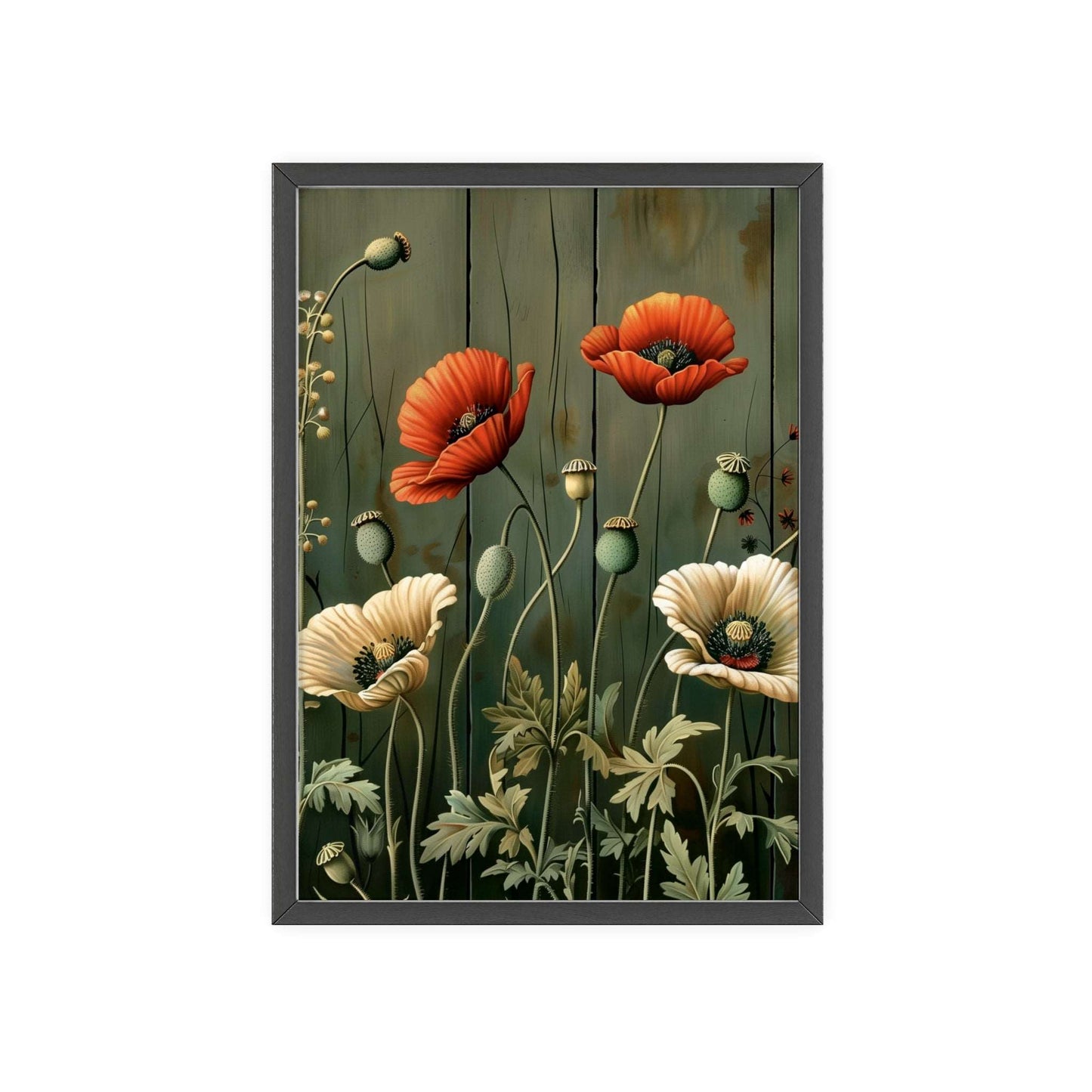 Vintage-style framed poster featuring vibrant red poppy blooms with delicate stems and leaves