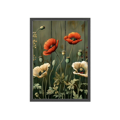 Vintage-style framed poster featuring vibrant red poppy blooms with delicate stems and leaves