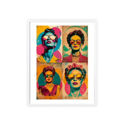 Framed poster featuring a four-panel pop art collage of Frida Kahlo in various poses. Each panel depicts Frida with sunglasses, flowers, and bold outlines against a colorful background. The artwork uses focus stacking and neopop iconography, creating a dynamic composition.