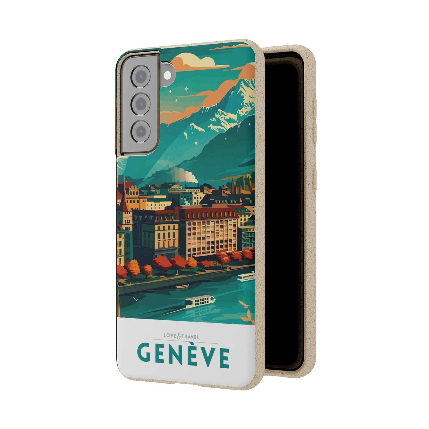 Colorful biodegradable phone case featuring a stylized travel poster design of Geneva, Switzerland.