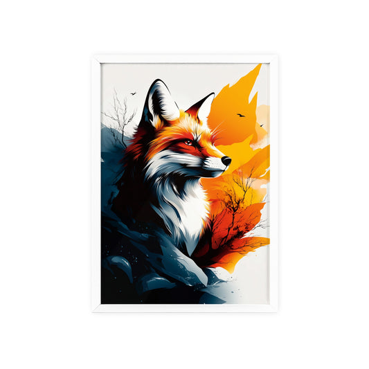 Vibrant digital illustration of a mystical fox featuring geometric shapes and bold colors, part of the Mystical Beasts Collection framed poster series.