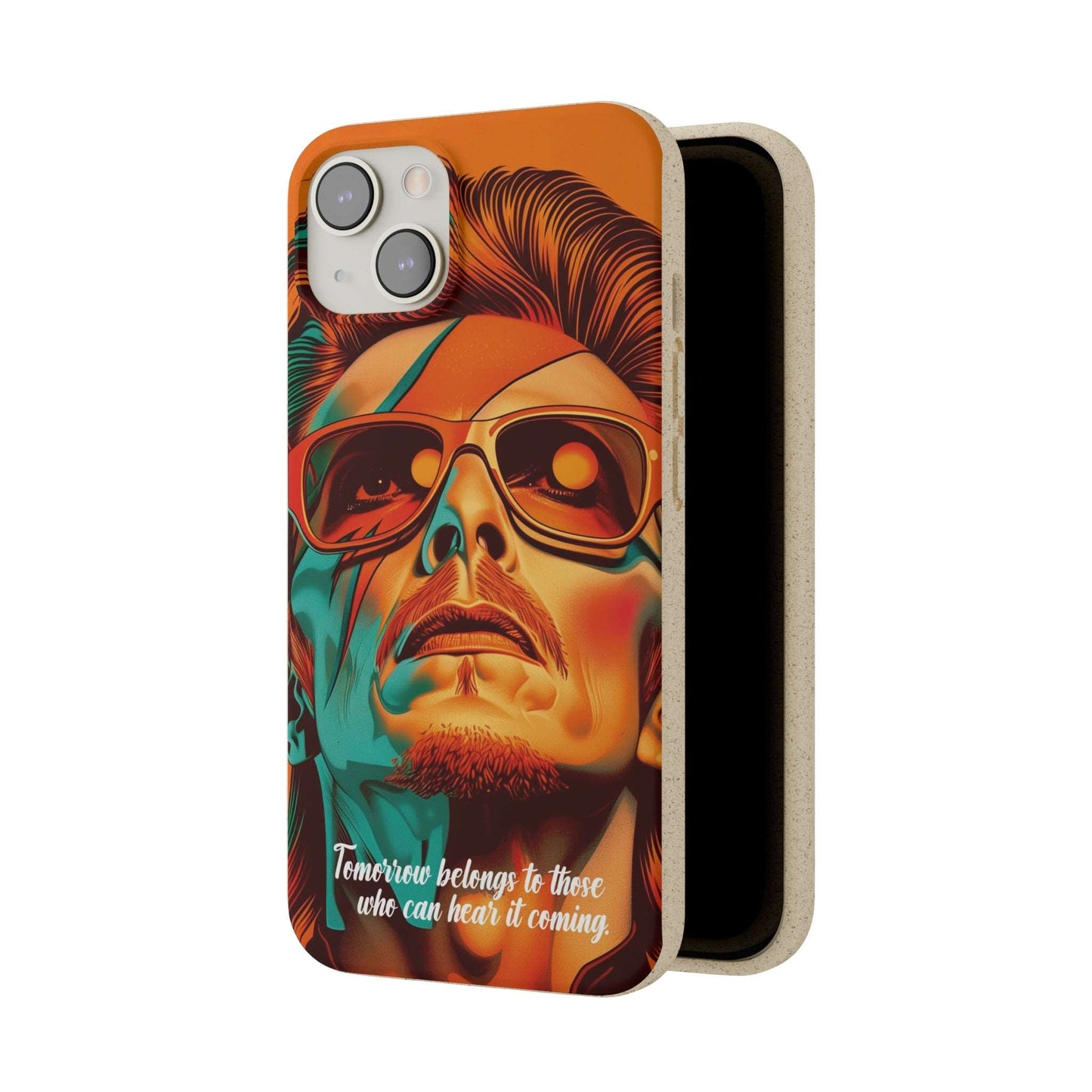 Colorful biodegradable phone case with David Bowie's quote "Tomorrow belongs to those who can hear it coming"