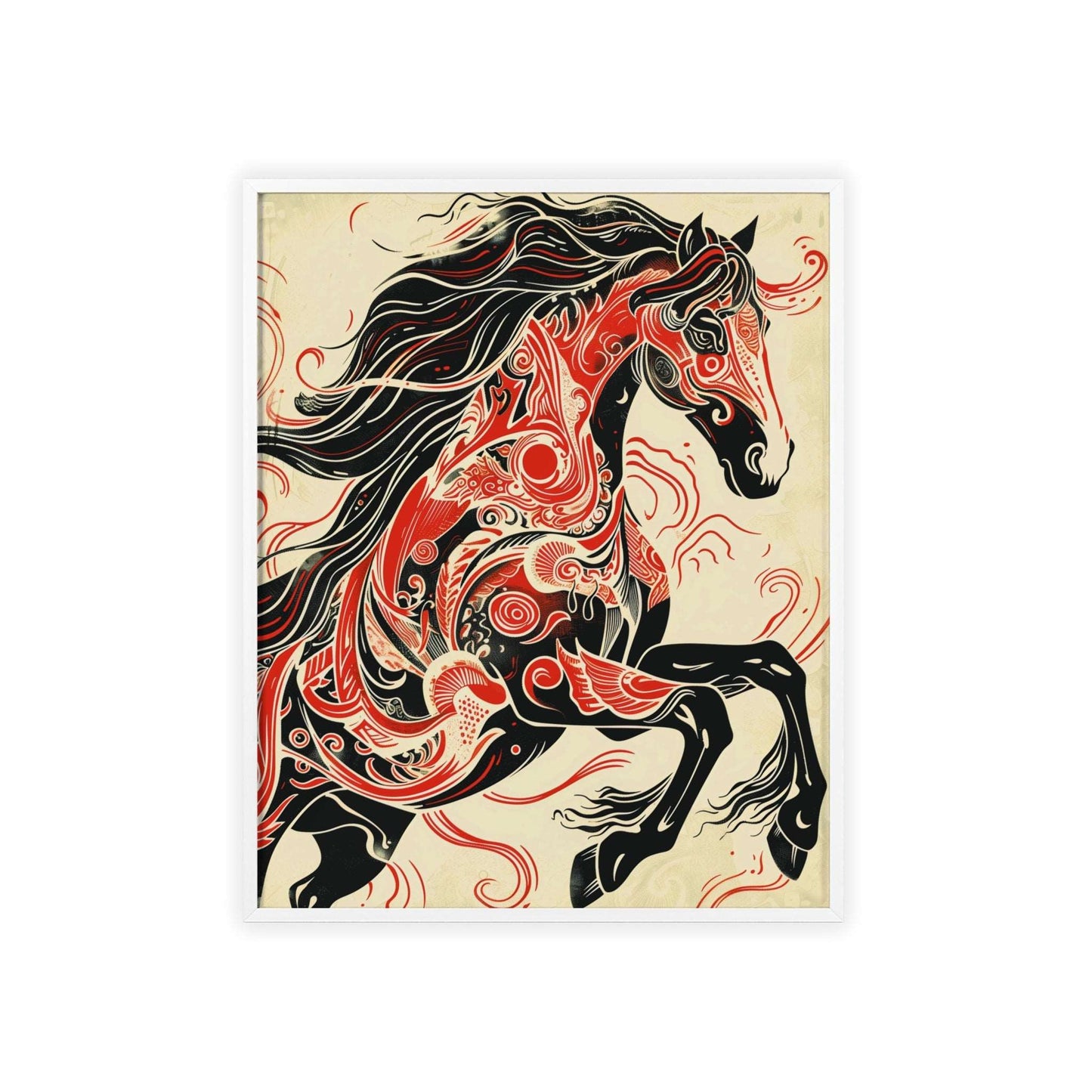wild horse poster, animal art, bold design, black and red, wildlife decor, intricate patterns, majestic horse, nature illustration, wall art, dynamic artwork