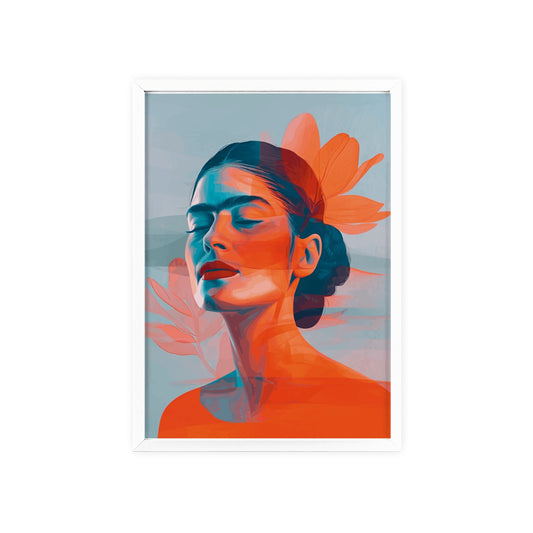 Framed poster featuring a high-resolution, minimalist portrait of Frida Kahlo with closed eyes. The portrait uses a double exposure effect with a background of orange and blue gradient leaves. The artwork is in a flat design style with smooth lines and geometric shapes.