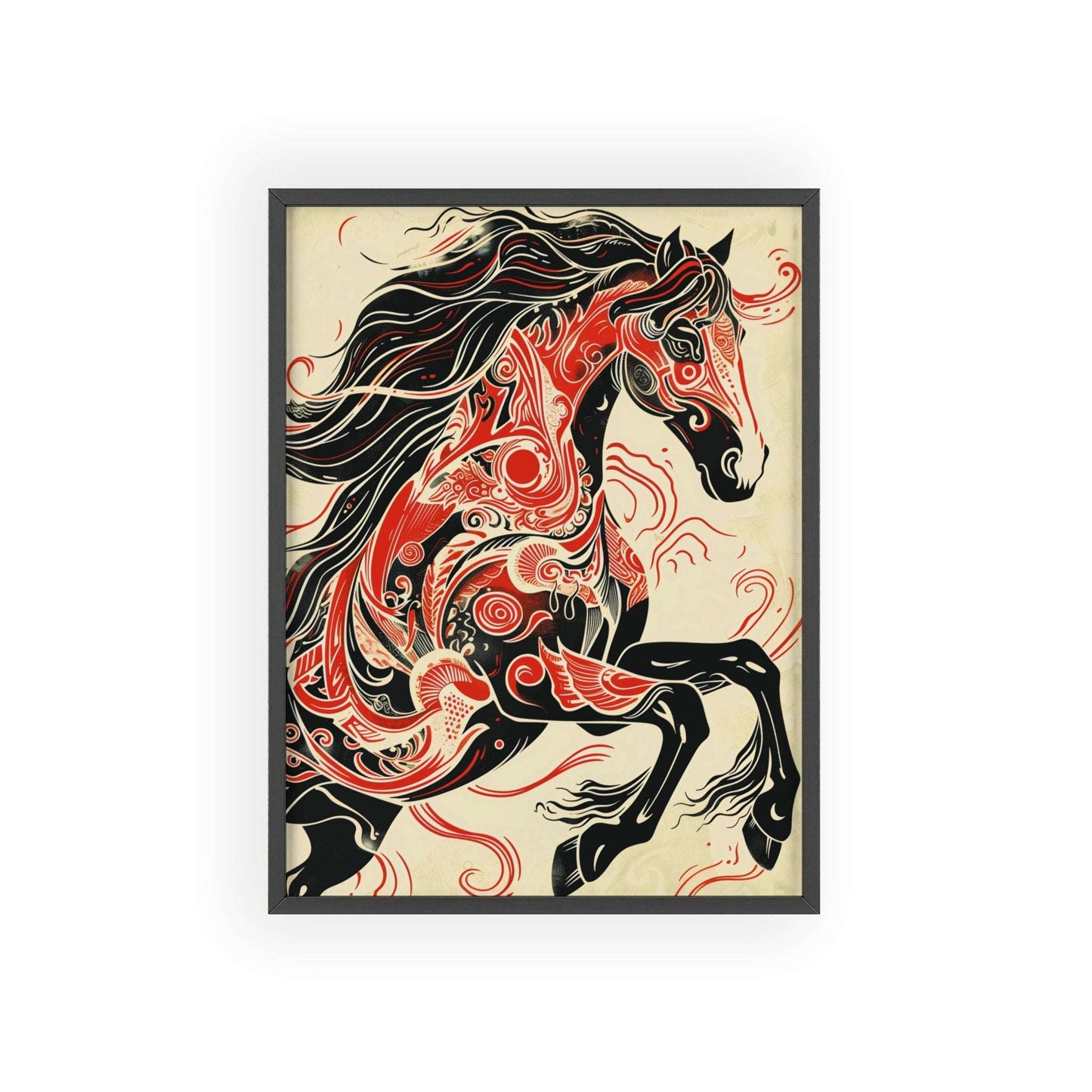 wild horse poster, animal art, bold design, black and red, wildlife decor, intricate patterns, majestic horse, nature illustration, wall art, dynamic artwork