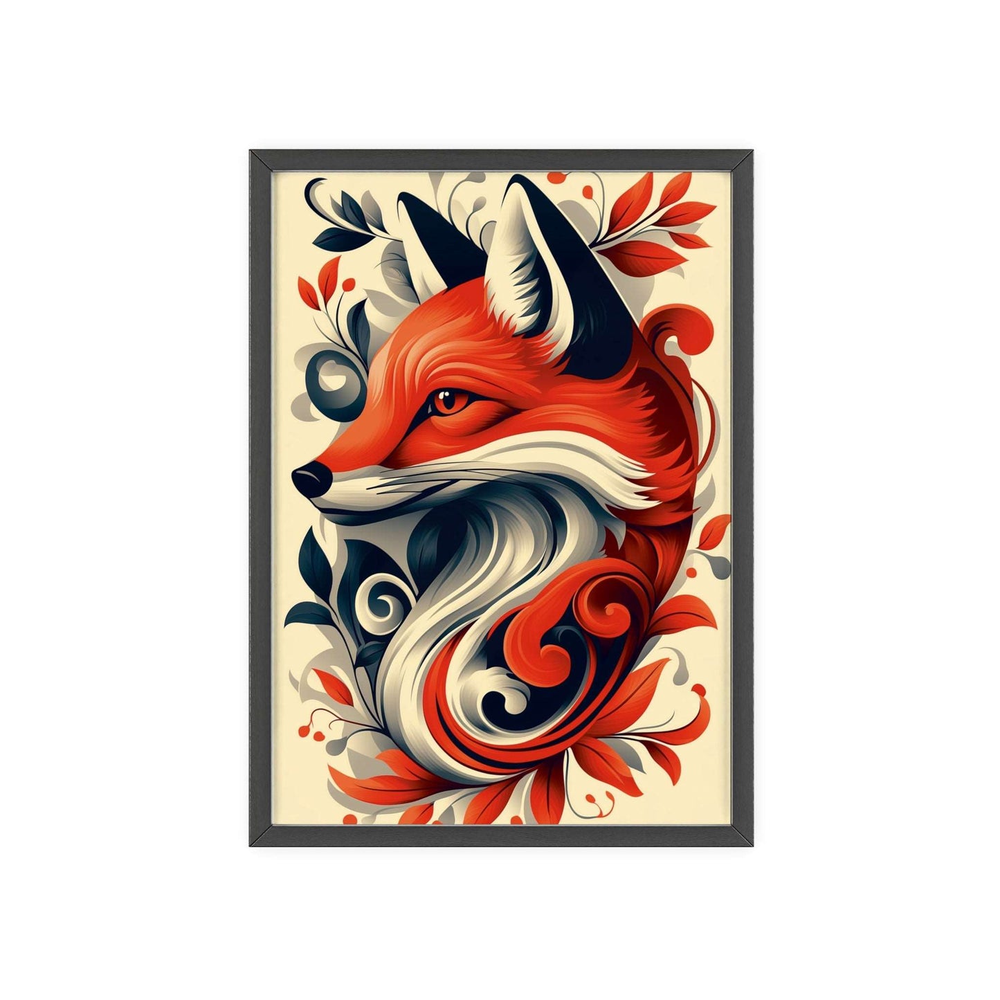 Framed poster of a stylized fox amidst vibrant red flowers