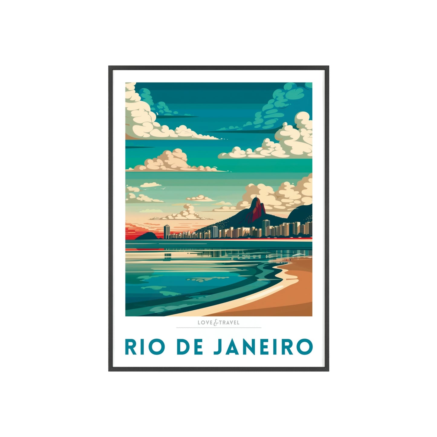 Travel poster of Rio de Janeiro featuring iconic landmarks like Ipanema Beach, capturing the vibrant spirit and beauty of the city.