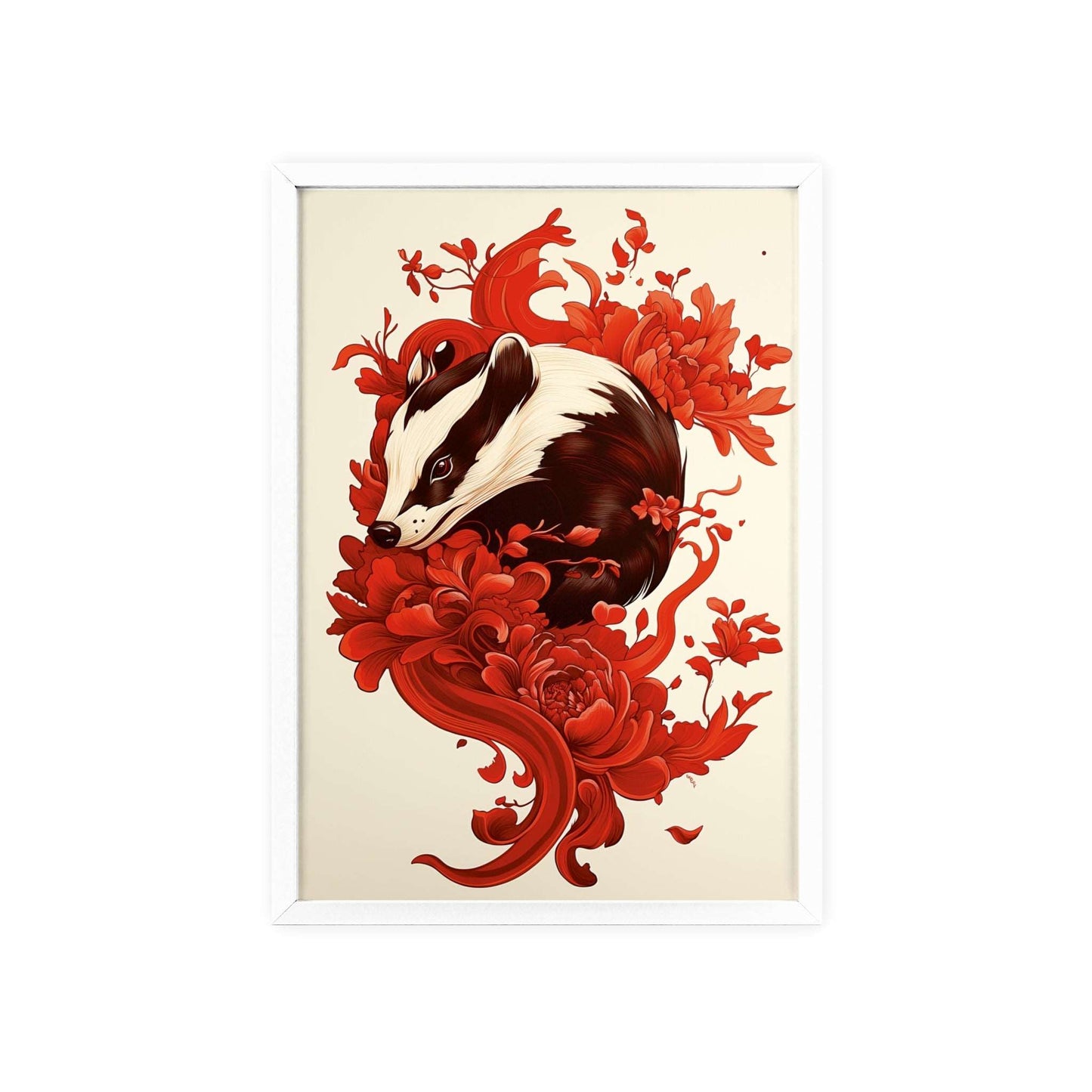 Framed poster of a stylized badger surrounded by red flowers