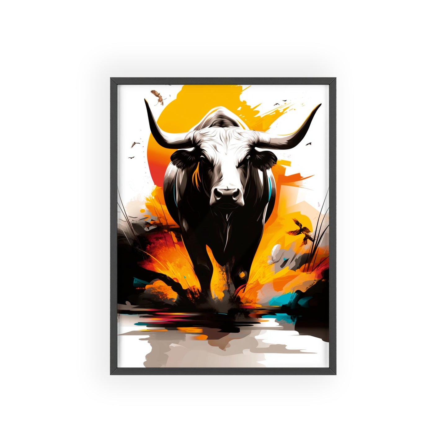 Vibrant digital illustration of a mystical bull featuring geometric shapes and bold colors, part of the Mystical Beasts Collection framed poster series.