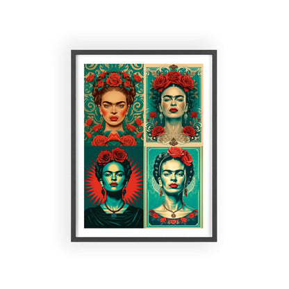 Framed poster featuring four separate Art Deco-inspired vector illustrations of Frida Kahlo. Each illustration uses a turquoise and red color palette and depicts Frida adorned with roses. The designs are detailed and flat, reminiscent of Dan Mumford's style.