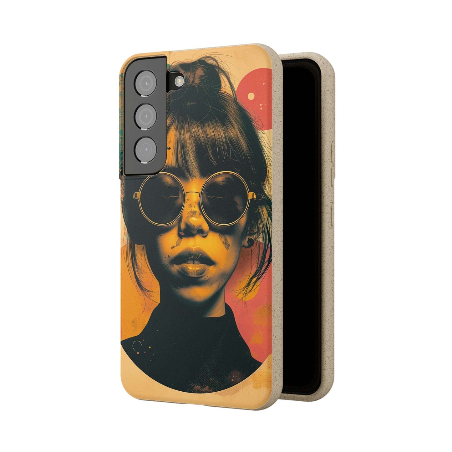 Tokyo-themed phone case featuring a retro portrait with neon colors, made from biodegradable materials, compatible with iPhone and Samsung.