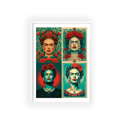 Framed poster featuring four separate Art Deco-inspired vector illustrations of Frida Kahlo. Each illustration uses a turquoise and red color palette and depicts Frida adorned with roses. The designs are detailed and flat, reminiscent of Dan Mumford's style.