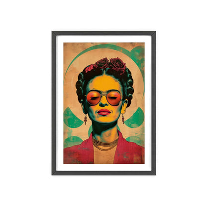 Framed poster featuring a high-resolution vector illustration of Frida Kahlo in a Brian Kesinger-inspired style. Frida has a bold, flat color design with high contrast and wears rose-colored sunglasses. The background is flat and uses warm tones. The poster is centered in the composition.