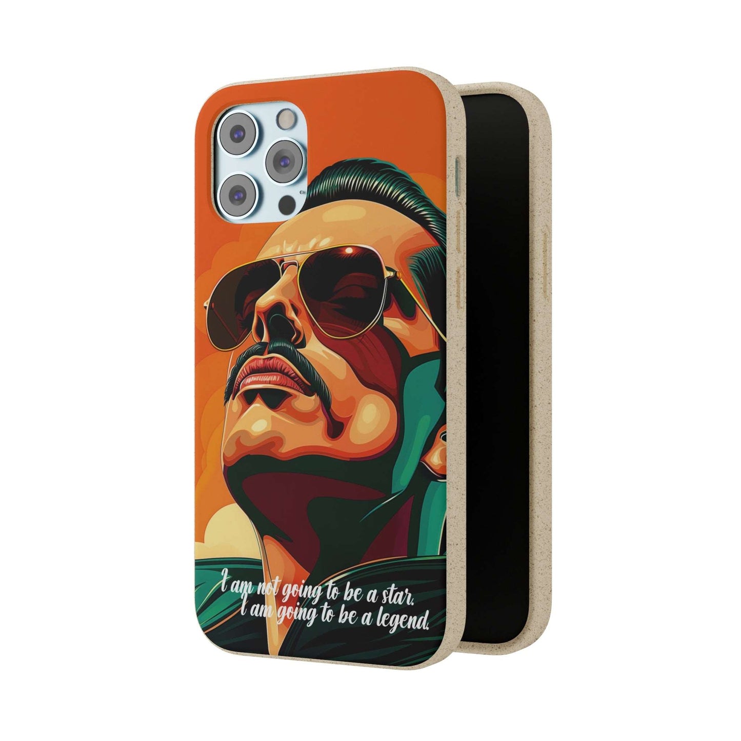 Biodegradable phone case with Freddie Mercury portrait and quote "I'm not going to be a star, I'm going to be a legend".