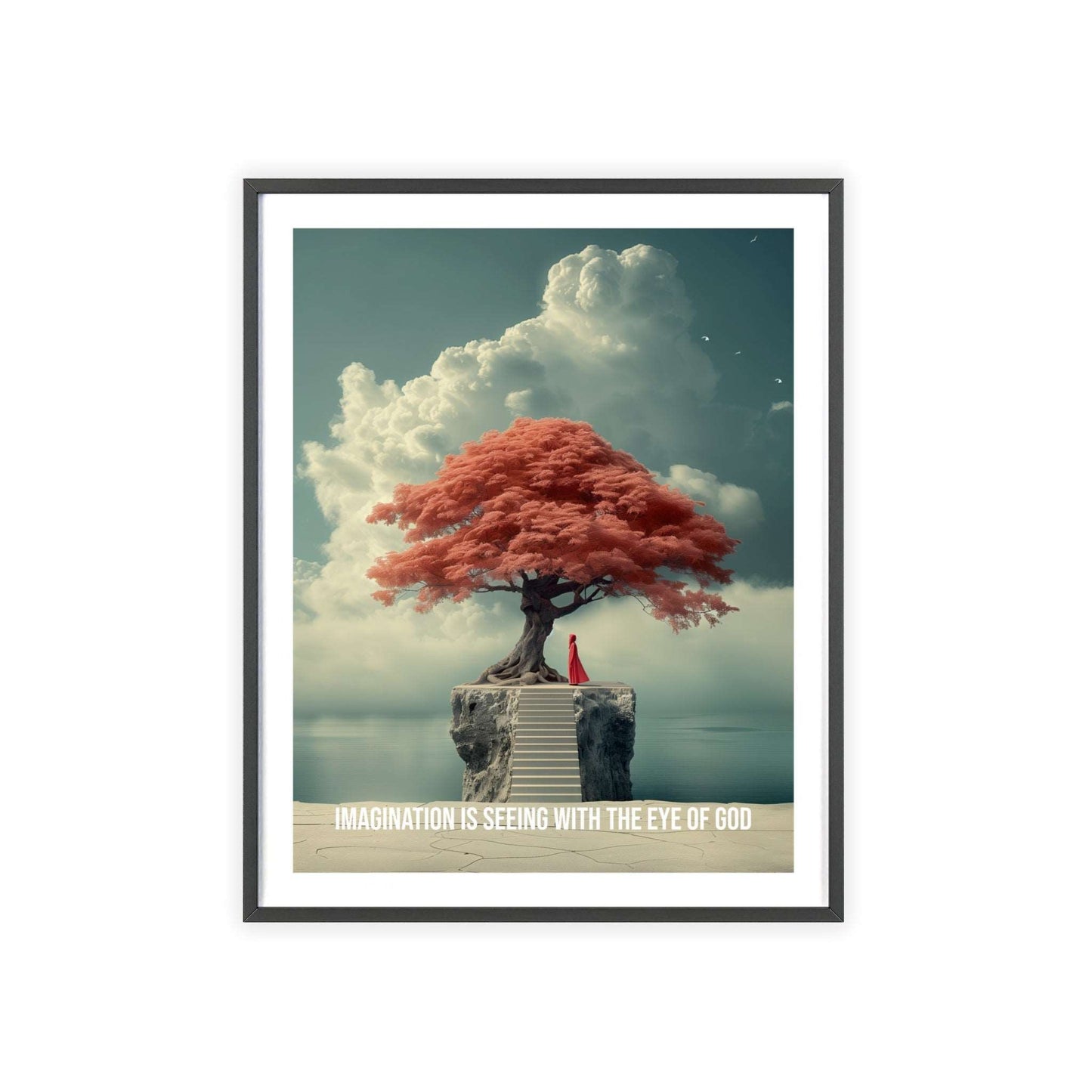 Surreal minimalist art print featuring a child looking at the horizon, with Neville Goddard quote "Imagination is seeing with the eye of God"