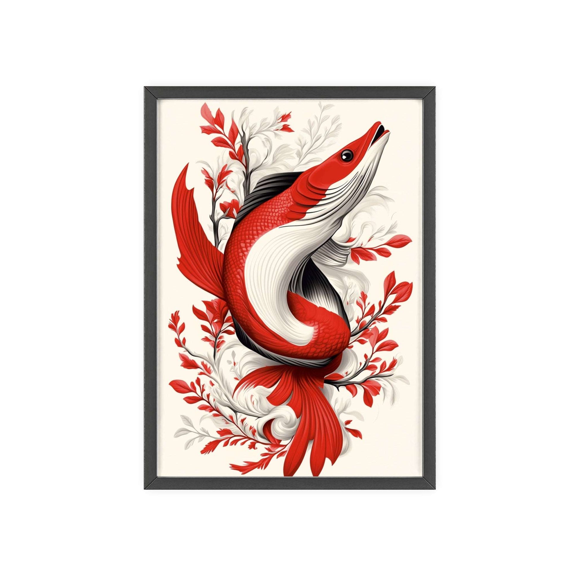 Framed poster of a stylized pike surrounded by vibrant red flowers