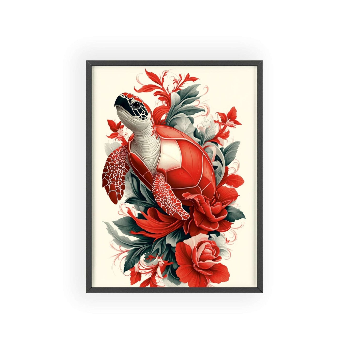 Framed poster of a stylized turtle surrounded by red flowers