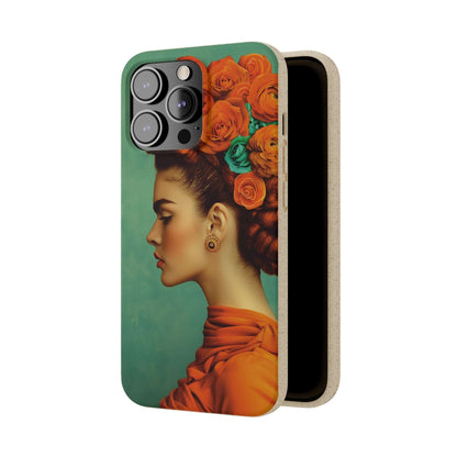 Vibrant orange biodegradable phone case featuring a stylized portrait of Frida Kahlo with aquamarine accents.