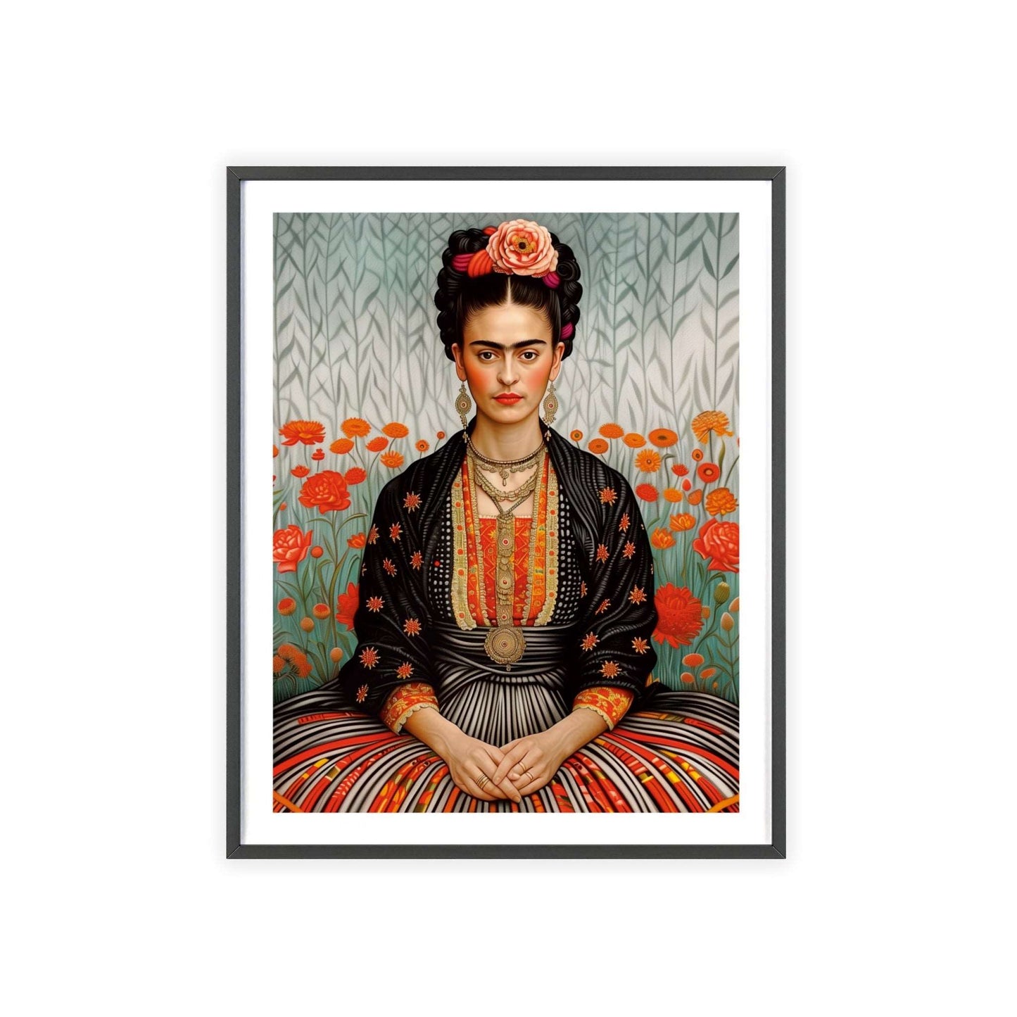 Minimalist poster featuring Frida Kahlo sitting in a field of flowers.  The poster is black and white, with a focus on Frida's powerful gaze and unibrow.  The poster is framed.