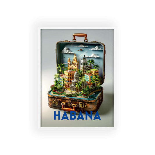 Vibrant Havana in a Suitcase travel poster featuring iconic landmarks, inspiring wanderlust and a love for timeless travel