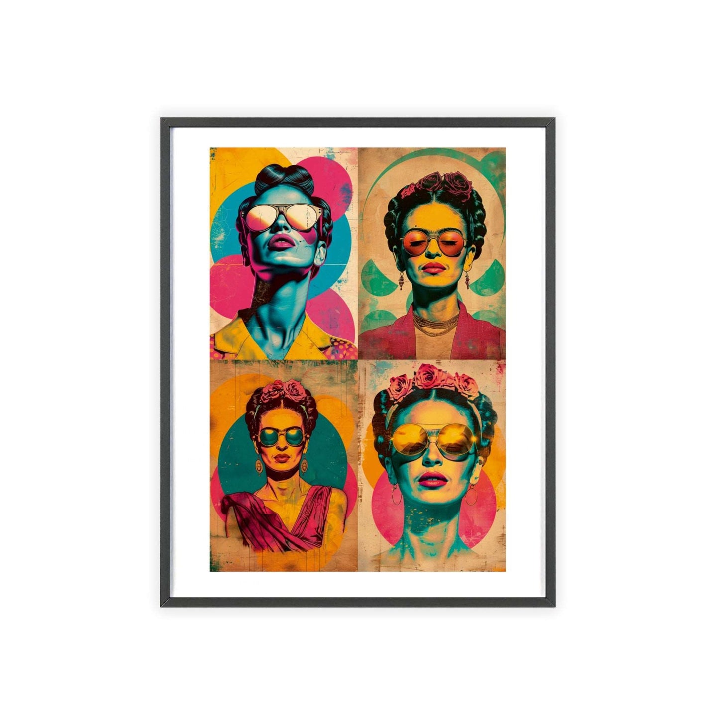 Framed poster featuring a four-panel pop art collage of Frida Kahlo in various poses. Each panel depicts Frida with sunglasses, flowers, and bold outlines against a colorful background. The artwork uses focus stacking and neopop iconography, creating a dynamic composition.