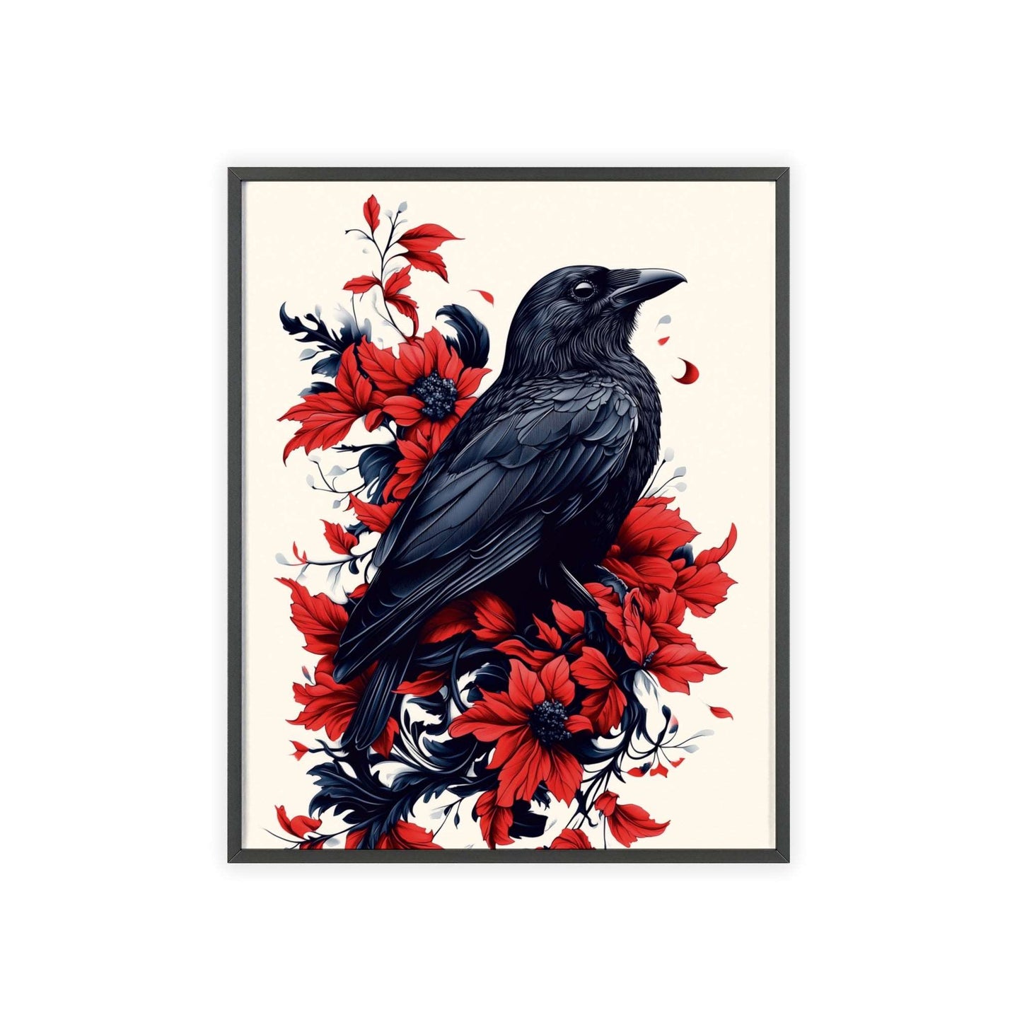 Framed poster of a stylized crow amidst vibrant red flowers.