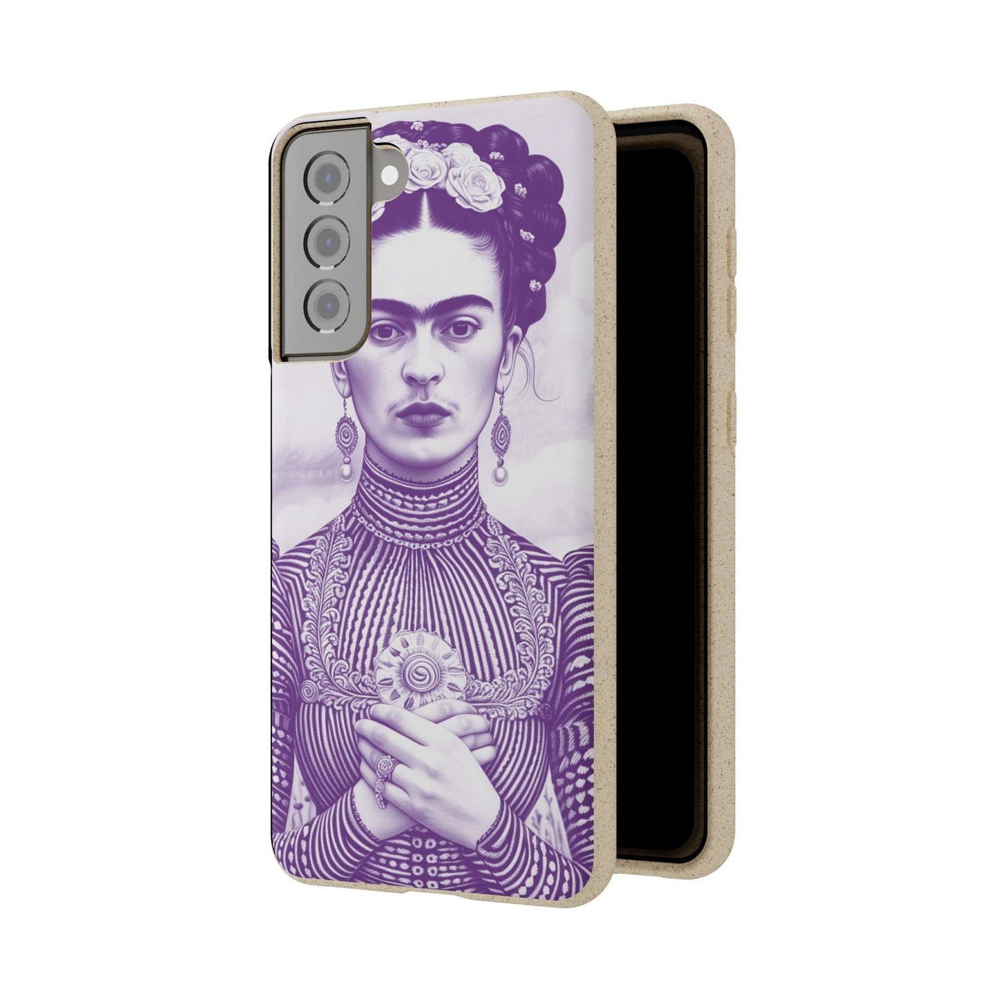 Stylish violet biodegradable phone case featuring an artistic portrait of Frida Kahlo.