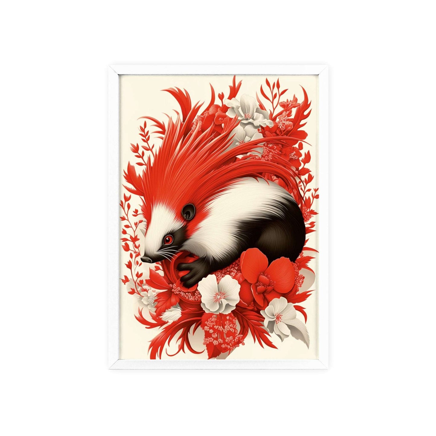 Framed poster featuring a stylized porcupine surrounded by red flowers