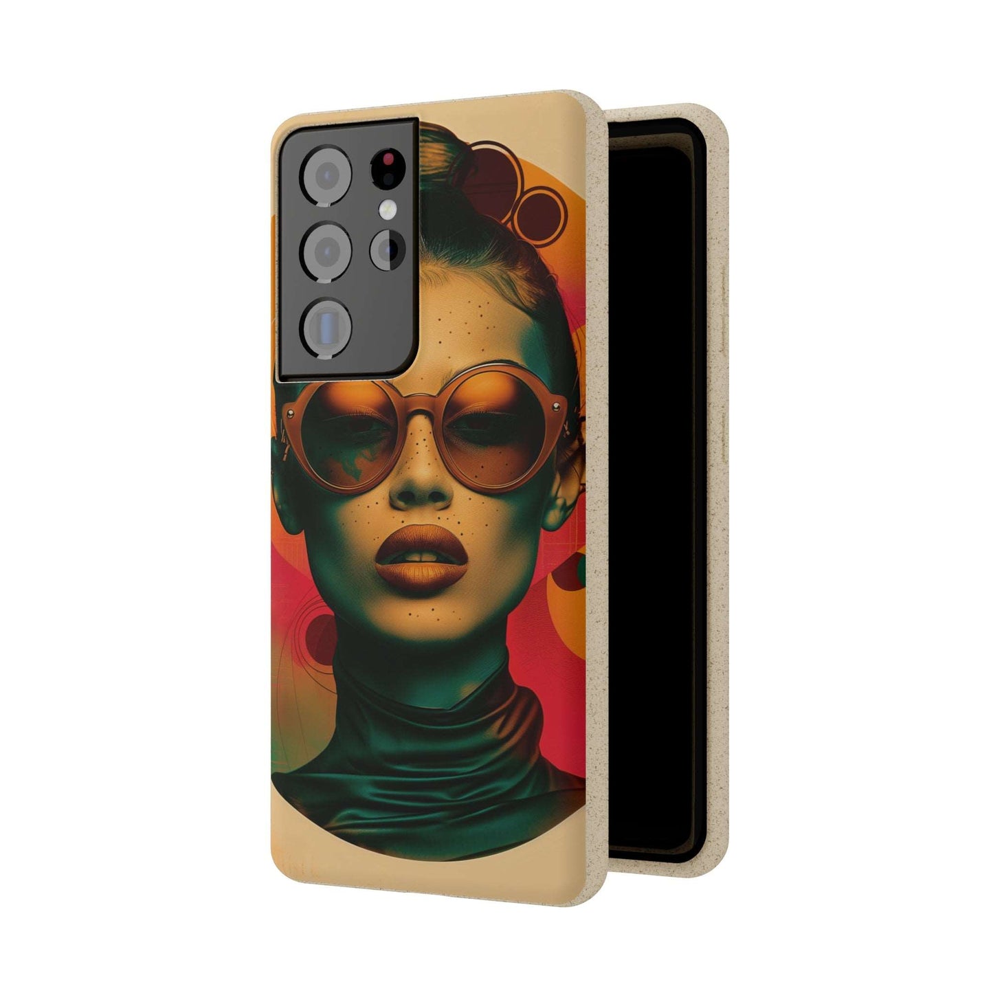 Biodegradable phone case featuring a Havana-inspired retro portrait in warm tropical hues, compatible with iPhone and Samsung models.