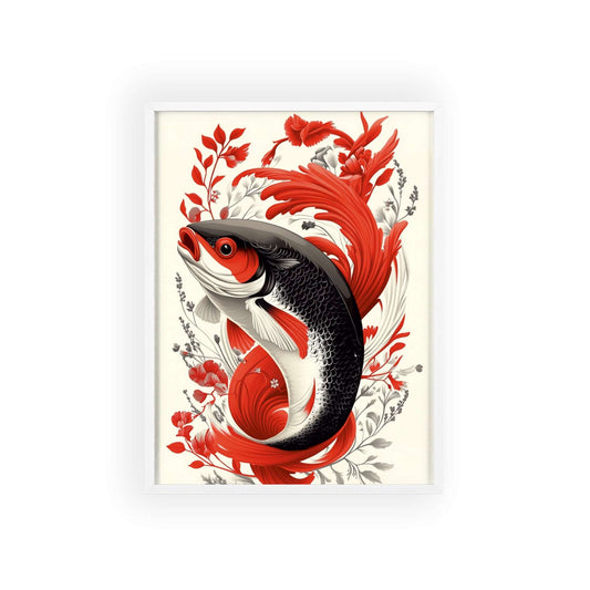 Framed poster of a stylized salmon surrounded by vibrant red flowers.