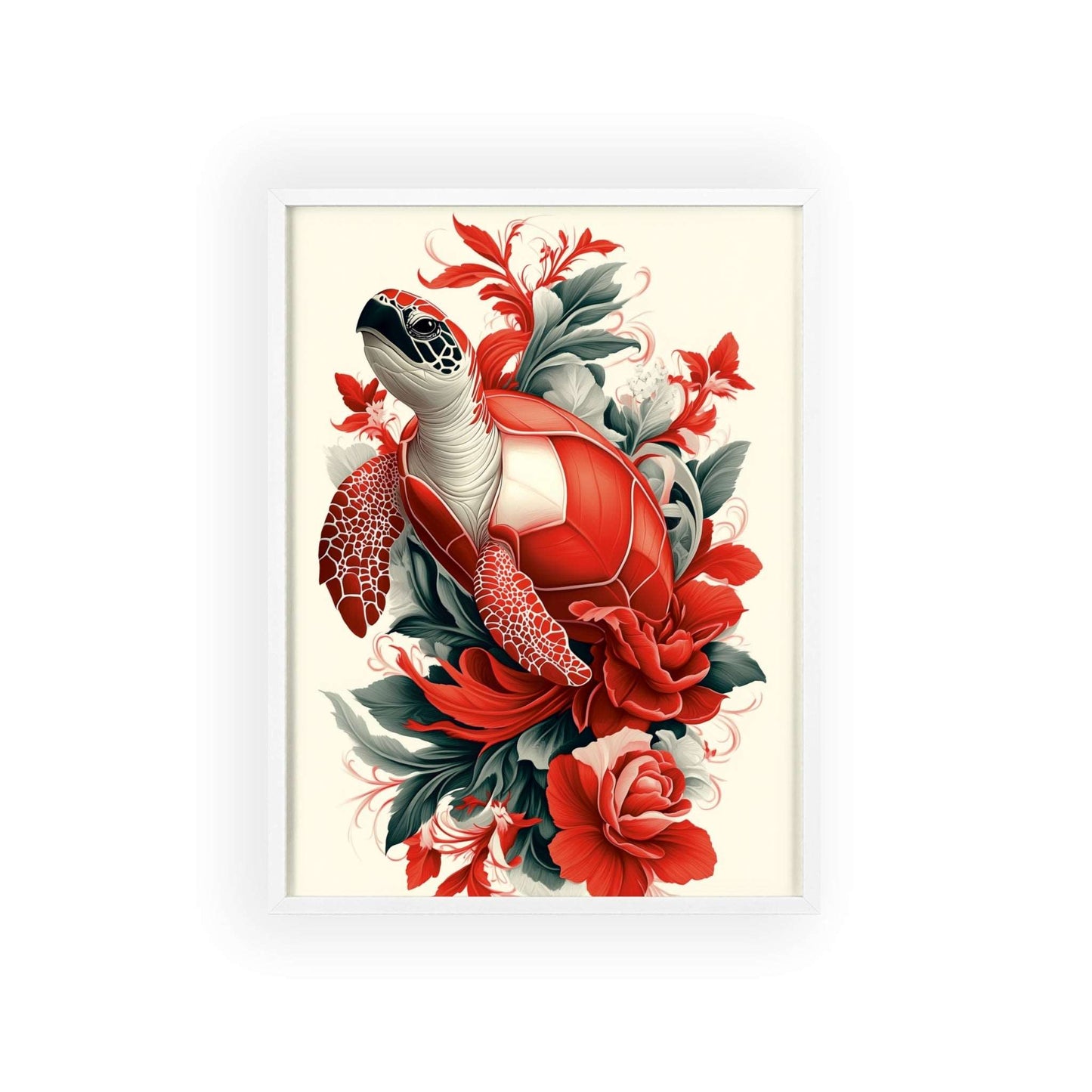 Framed poster of a stylized turtle surrounded by red flowers