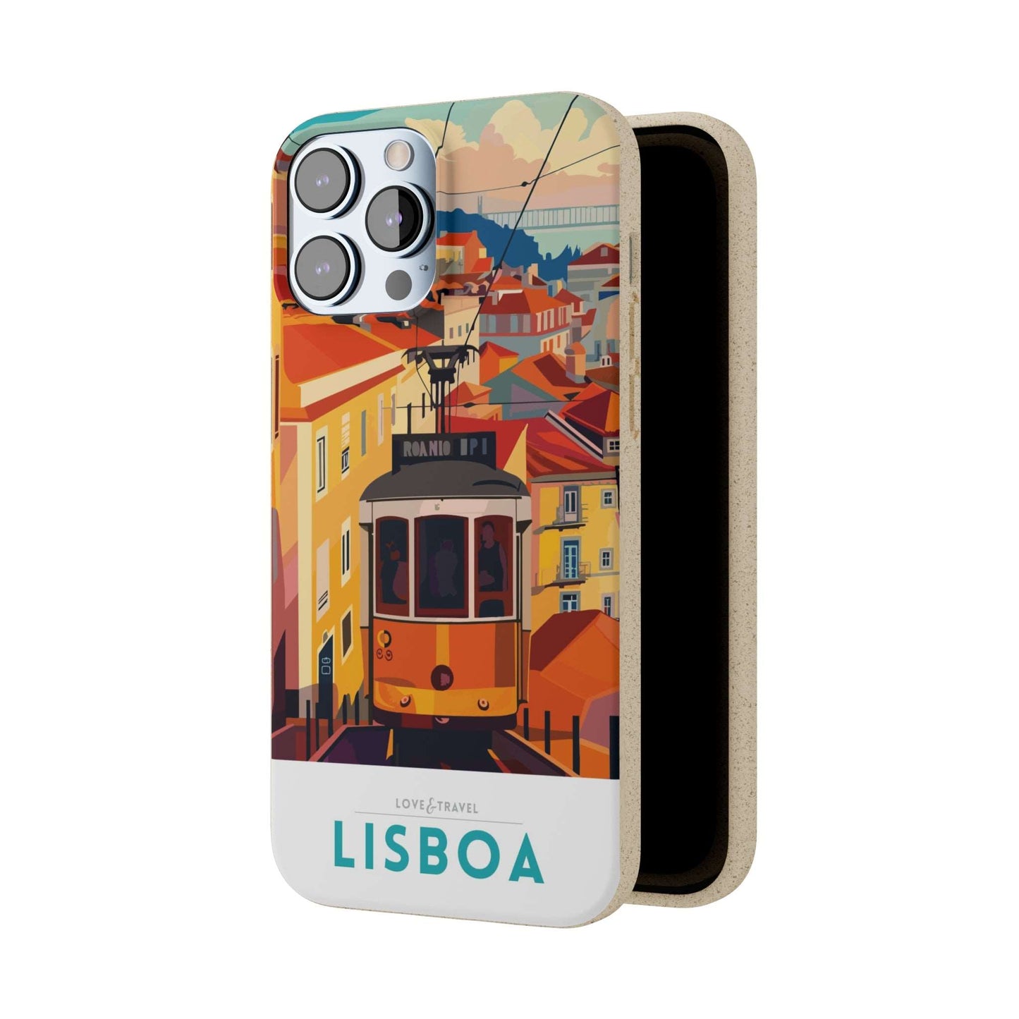 Colorful biodegradable phone case featuring a stylized travel poster design of Lisbon, Portugal.