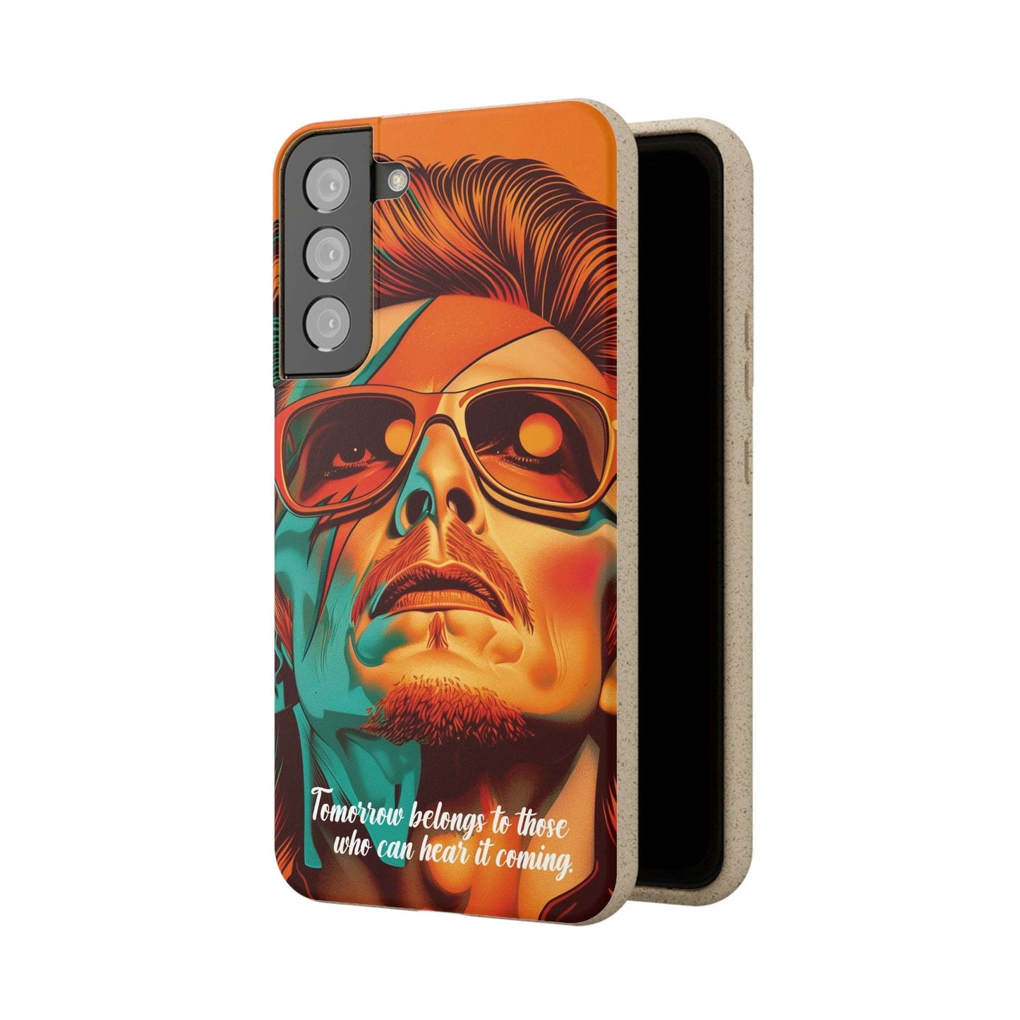 Colorful biodegradable phone case with David Bowie's quote "Tomorrow belongs to those who can hear it coming"