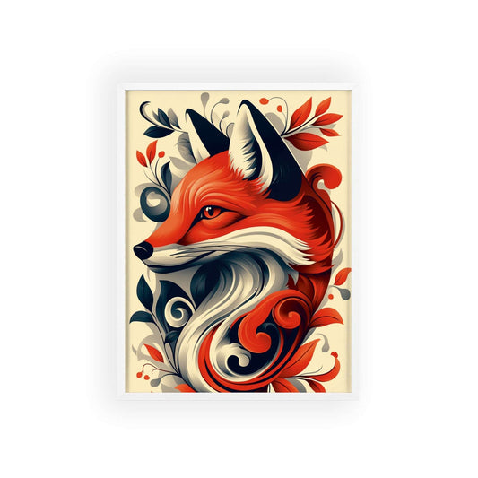 Framed poster of a stylized fox amidst vibrant red flowers