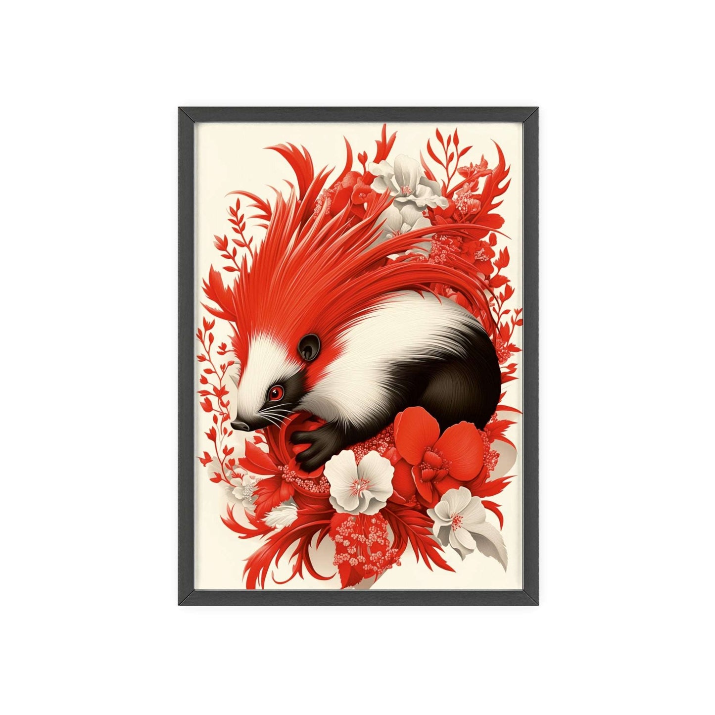 Framed poster featuring a stylized porcupine surrounded by red flowers