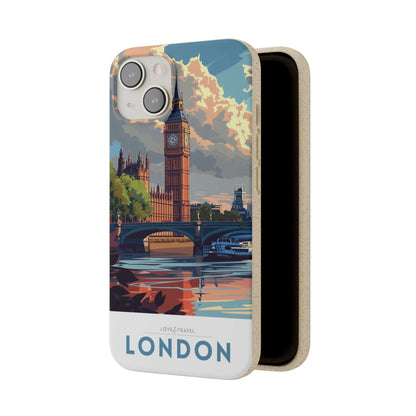 Stylish biodegradable phone case featuring a minimalist London-themed travel poster design.