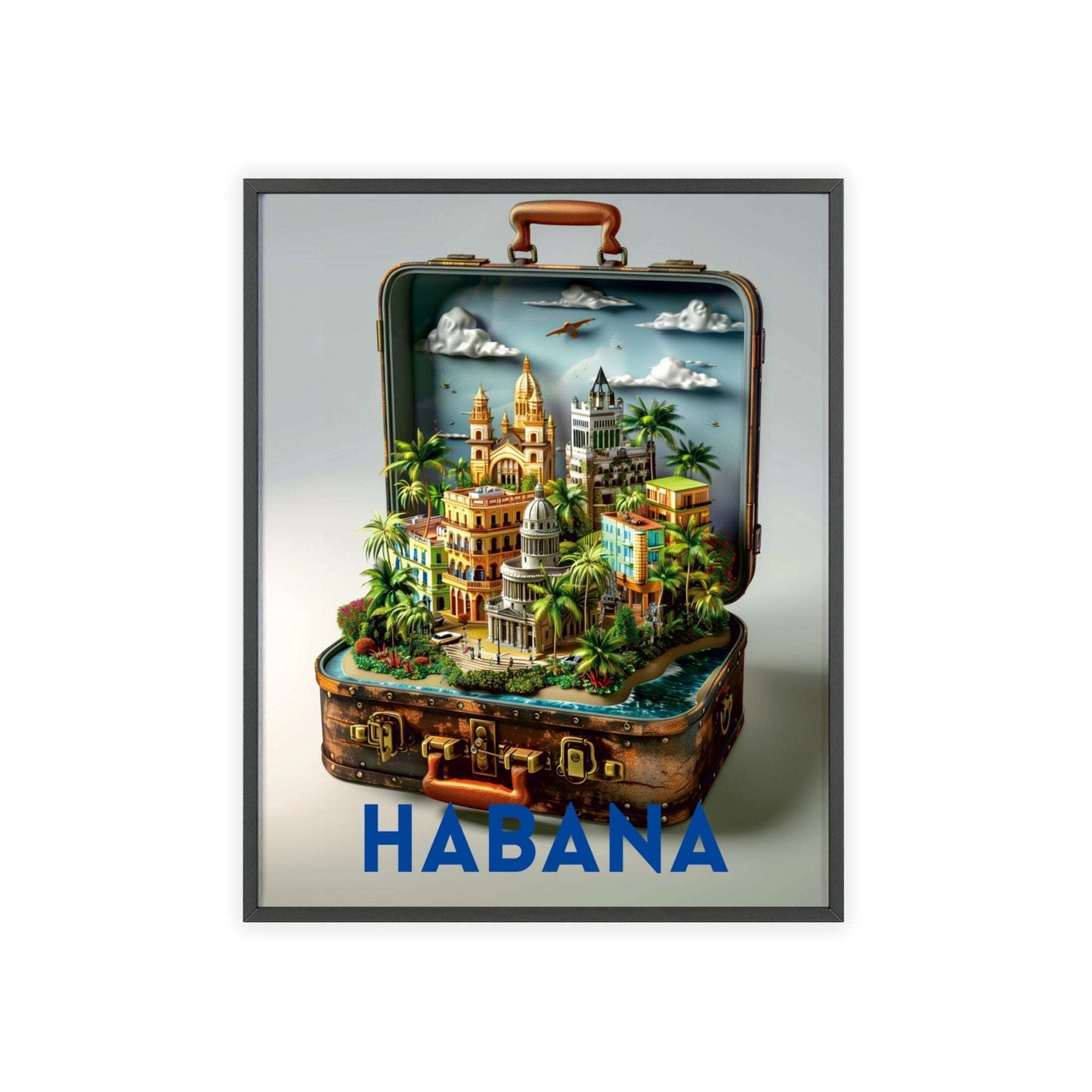 Vibrant Havana in a Suitcase travel poster featuring iconic landmarks, inspiring wanderlust and a love for timeless travel