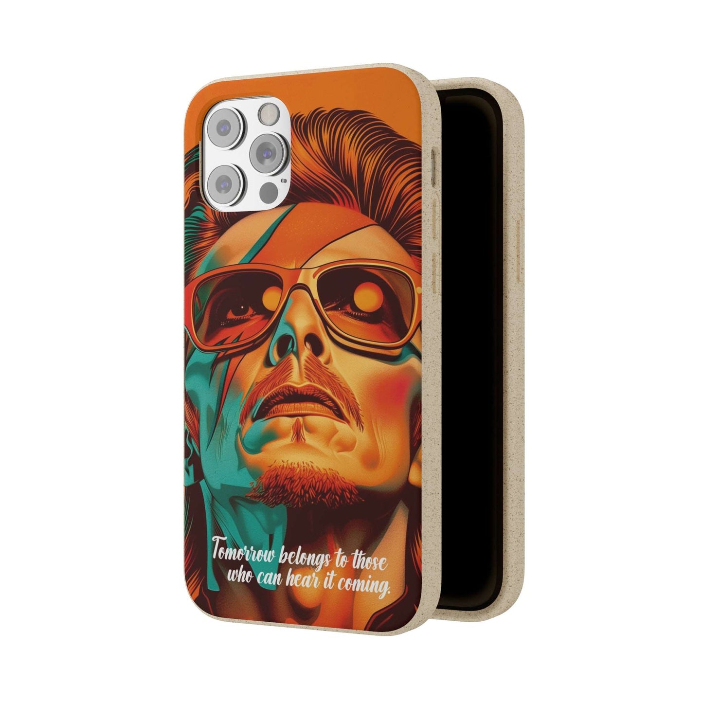 Colorful biodegradable phone case with David Bowie's quote "Tomorrow belongs to those who can hear it coming"