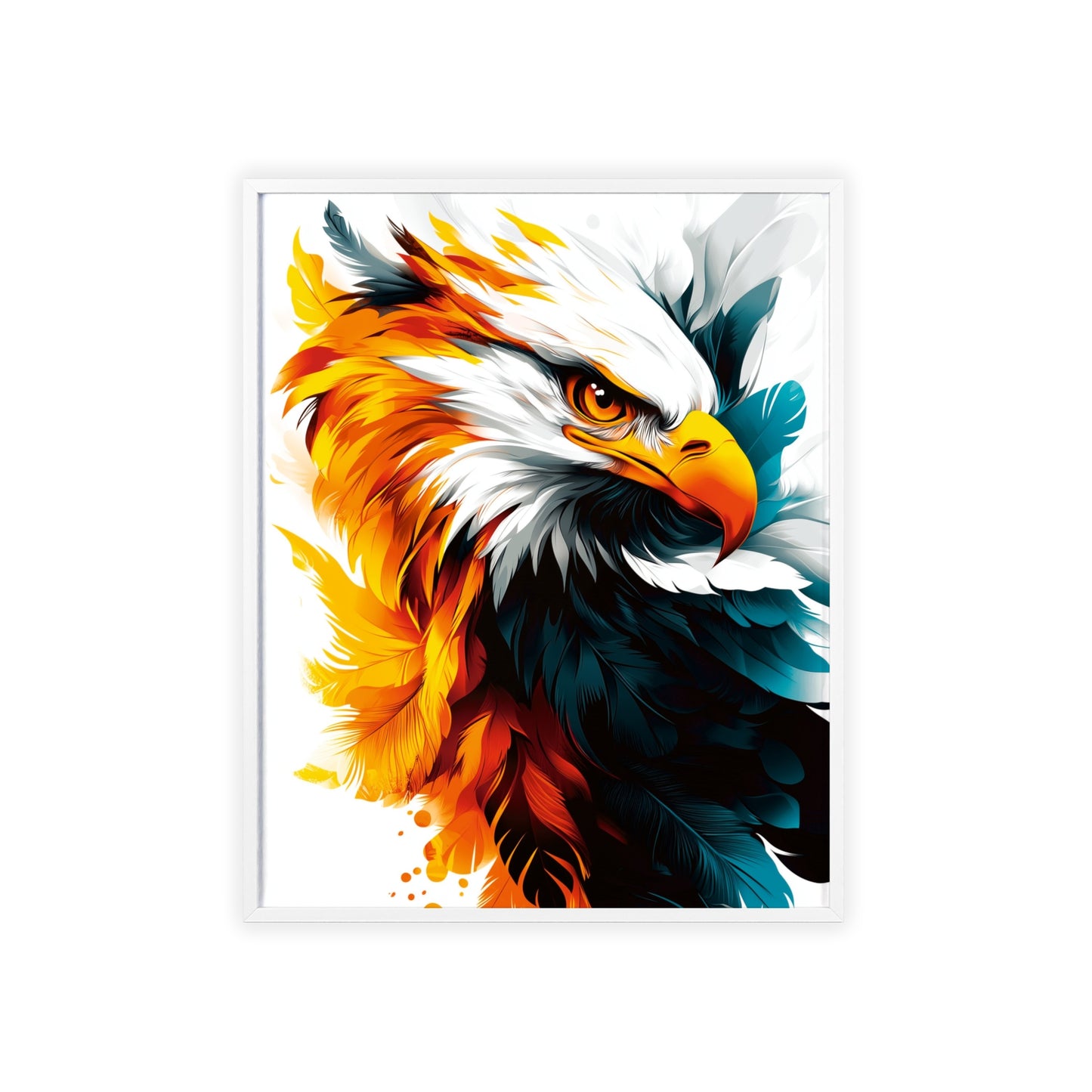 Striking digital illustration of a mystical eagle with geometric shapes and vibrant colors, part of the Mystical Beasts Collection framed poster series.