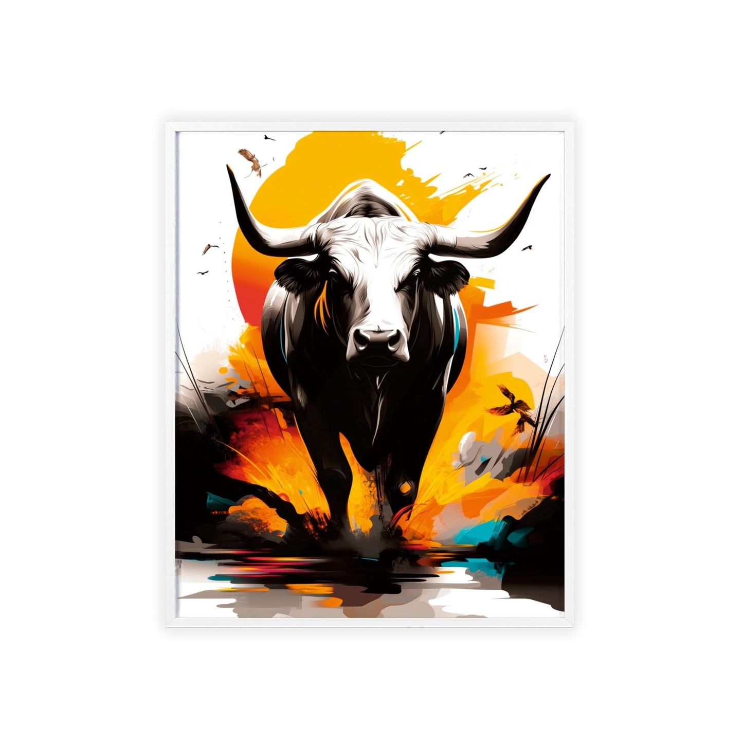 Vibrant digital illustration of a mystical bull featuring geometric shapes and bold colors, part of the Mystical Beasts Collection framed poster series.