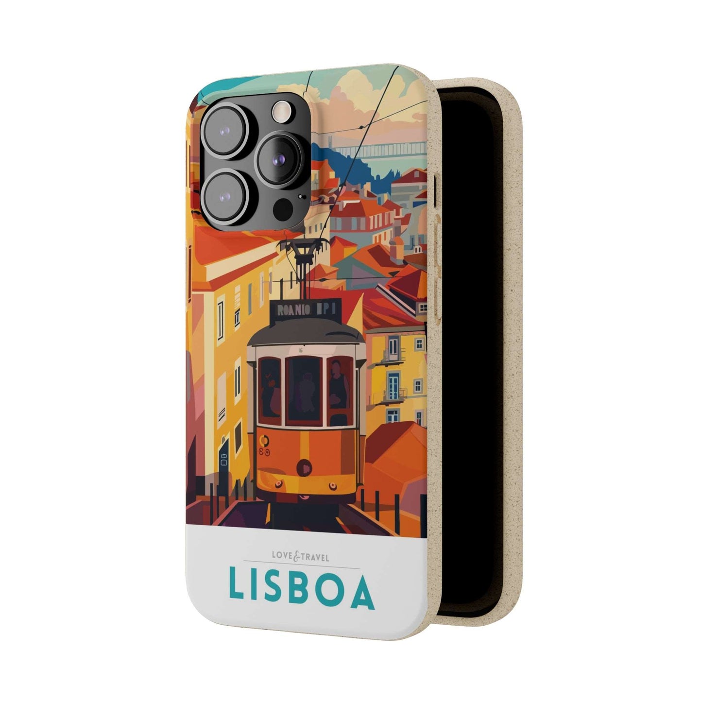 Colorful biodegradable phone case featuring a stylized travel poster design of Lisbon, Portugal.