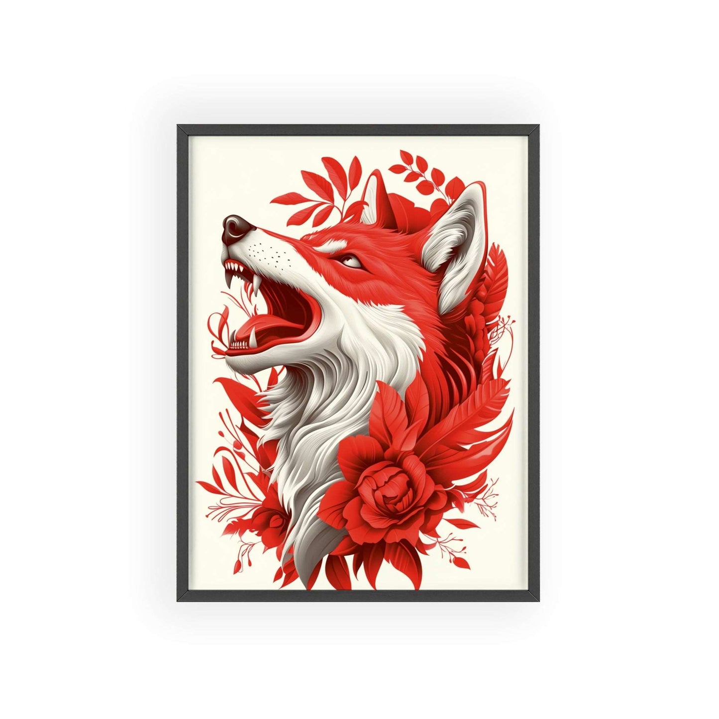 Framed poster of a stylized wolf amidst vibrant red flowers.